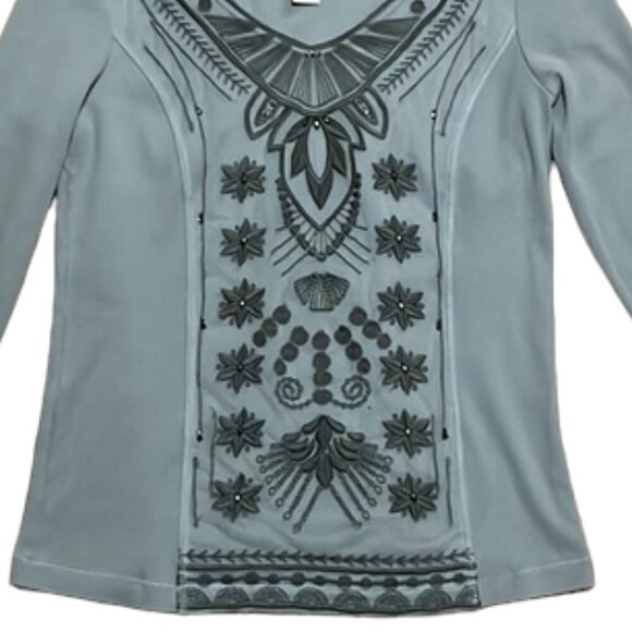 Sundance Womens Gray Long Sleeve V-Neck Top with Floral Embroidered Net Overlay - Picture 3 of 8